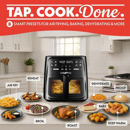 Gourmia 8 Qt Air Fryer - Digital Display with 8 Presets & Easy View Window | Dishwasher Safe, Black