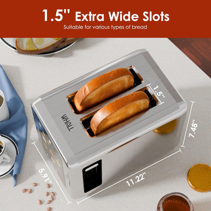WHALL Touch Screen Toaster - 2 Slice Stainless Steel with Digital Timer & 6 Shade Settings | Extra Wide Slot, Silver