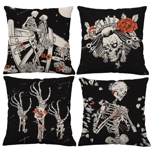 BOFKYIC Halloween Pillow Covers 22x22 Set of 4 Skeleton Hands Pillowcase Black Holiday Farmhouse Throw Pillows Indoor Outdoor Couch Cushion Case for Halloween Home Sofa Decor 22by22-03