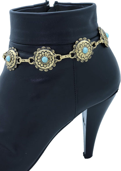 TrendyFashionJewelry | Women's Western Bohemian Boot Chain Bracelet Anklet - Antique Gold with Blue Flower Charm