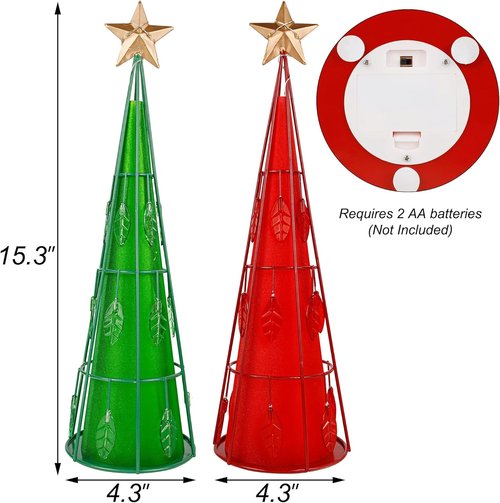 Juegoal Lighted Christmas Table Decorations - Battery Operated LED Cone Shaped Ornaments | 2 Pack, Green & Red