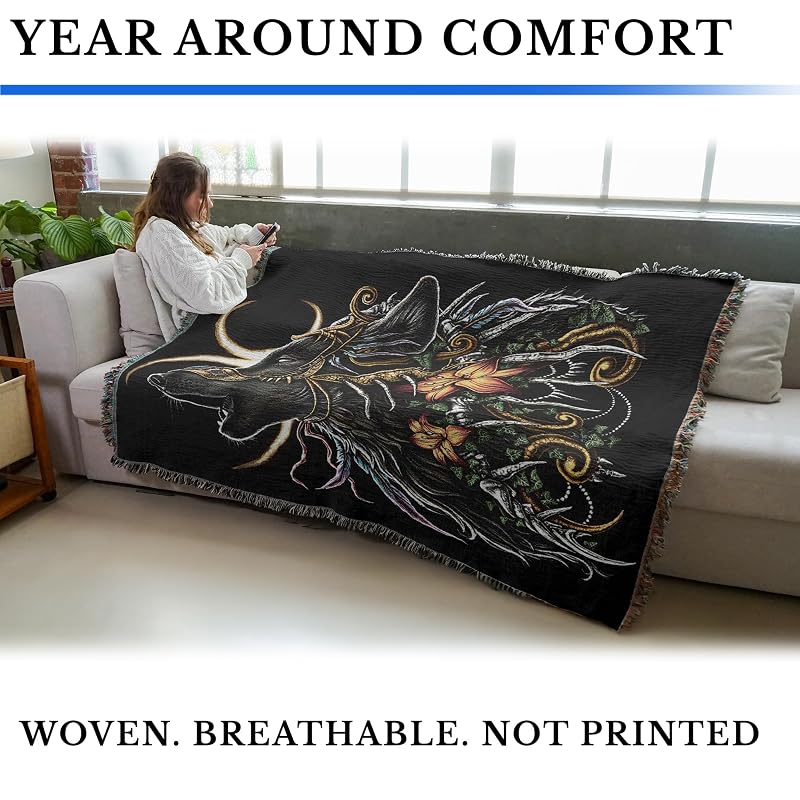Howling Wolf Throw Blanket by Pure Country Weavers 72x54 - Cotton Wall Tapestry, Made in USA