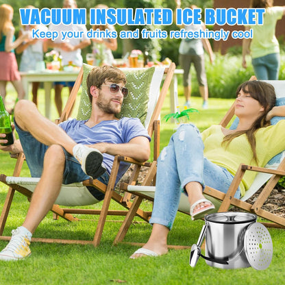 meekoo 4 L Double Wall Insulated Ice Bucket with Lid, Scoop, Strainer, Handle Large Stainless Steel Wine Ice Bucket Upgraded Cover Keep Frozen Longer for Cocktail Bar Parties(Silver)