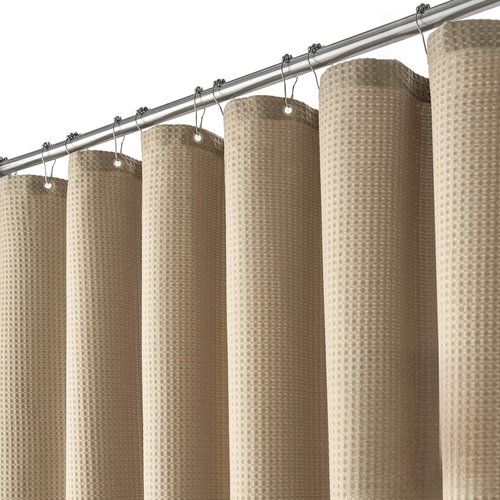 Dynamene Stall Fabric Shower Curtain - 54 inch Wide Waffle Weave Weighted Thick Cloth Shower Curtains for Bathroom, Heavy Duty Hotel Spa Luxury Bath Curtain Set with 10 Hooks, 54x72, Beige/Khaki