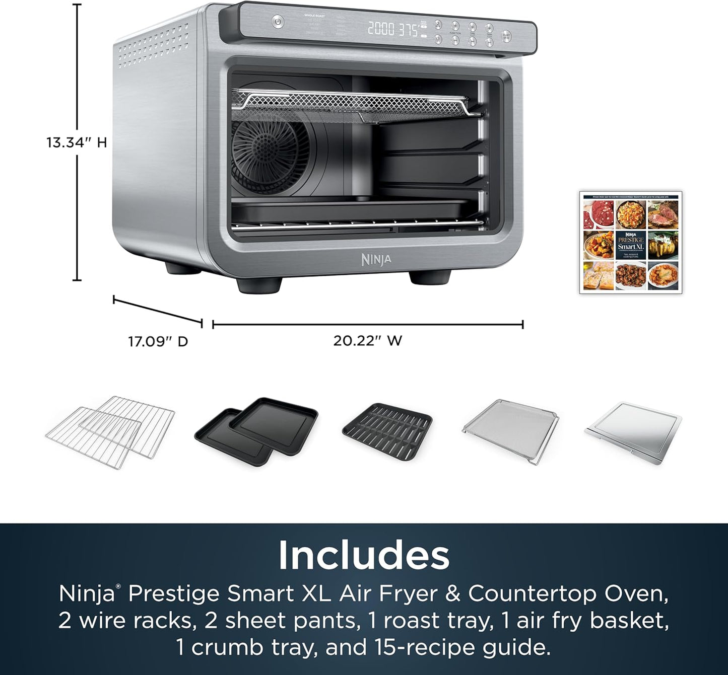 Ninja Air Fryer & Toaster Oven - Prestige Smart XL Countertop Oven | Bakes 20 Cookies & Fits 12lb Turkey | 1800 Watts | Stainless Steel
