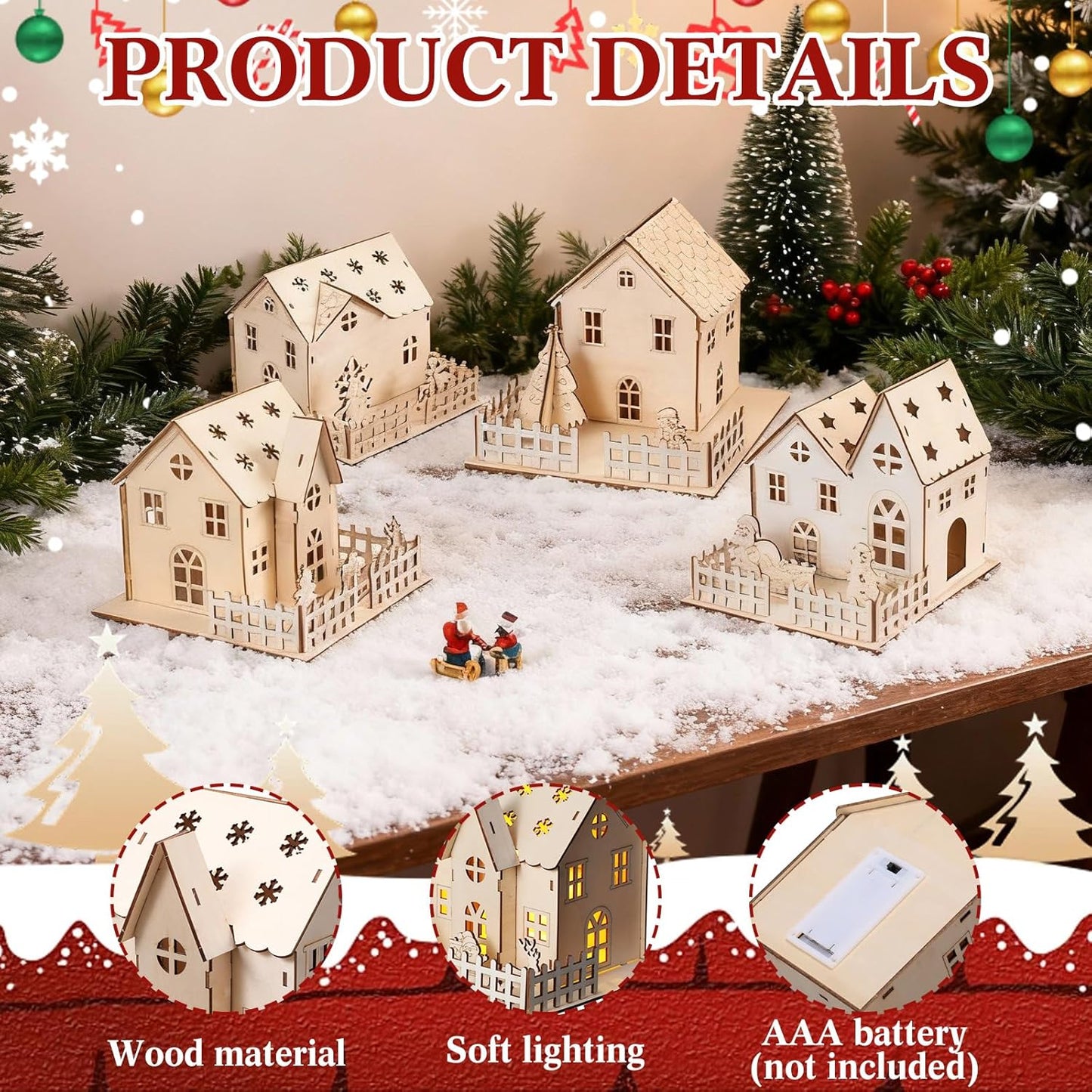 Qunclay Light Up Christmas Village Set - 4 Unfinished Wooden Houses for Holiday Crafts & Decorations