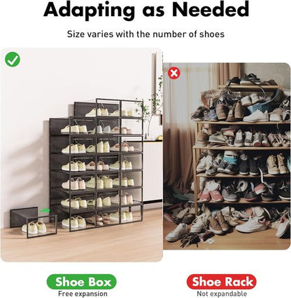 Foluck Shoe Storage Box - 15 Pack Clear Plastic Stackable Organizer | Interlocking Design for Sneakers, Black