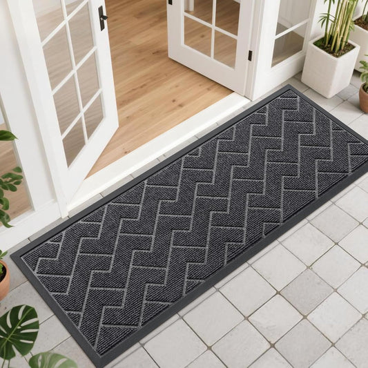 OLANLY Waterproof Front Door Mat - All-Season Herringbone Design | Easy Clean Natural Rubber, Grey (47x17)