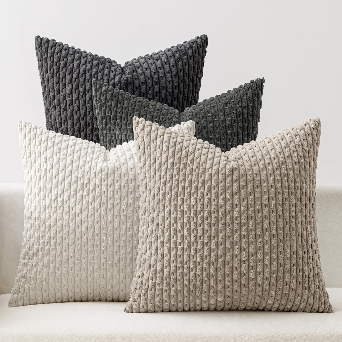 MIULEE Decorative Throw Pillow Covers - Soft Corduroy Striped Cushion Covers | Set of 4, 18x18 Inch, Neutral Grey