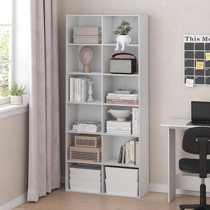 Furinno 12-Cube Bookshelf - Stylish Open Shelf Storage Organizer | 12 x 32 x 71 Inches, White