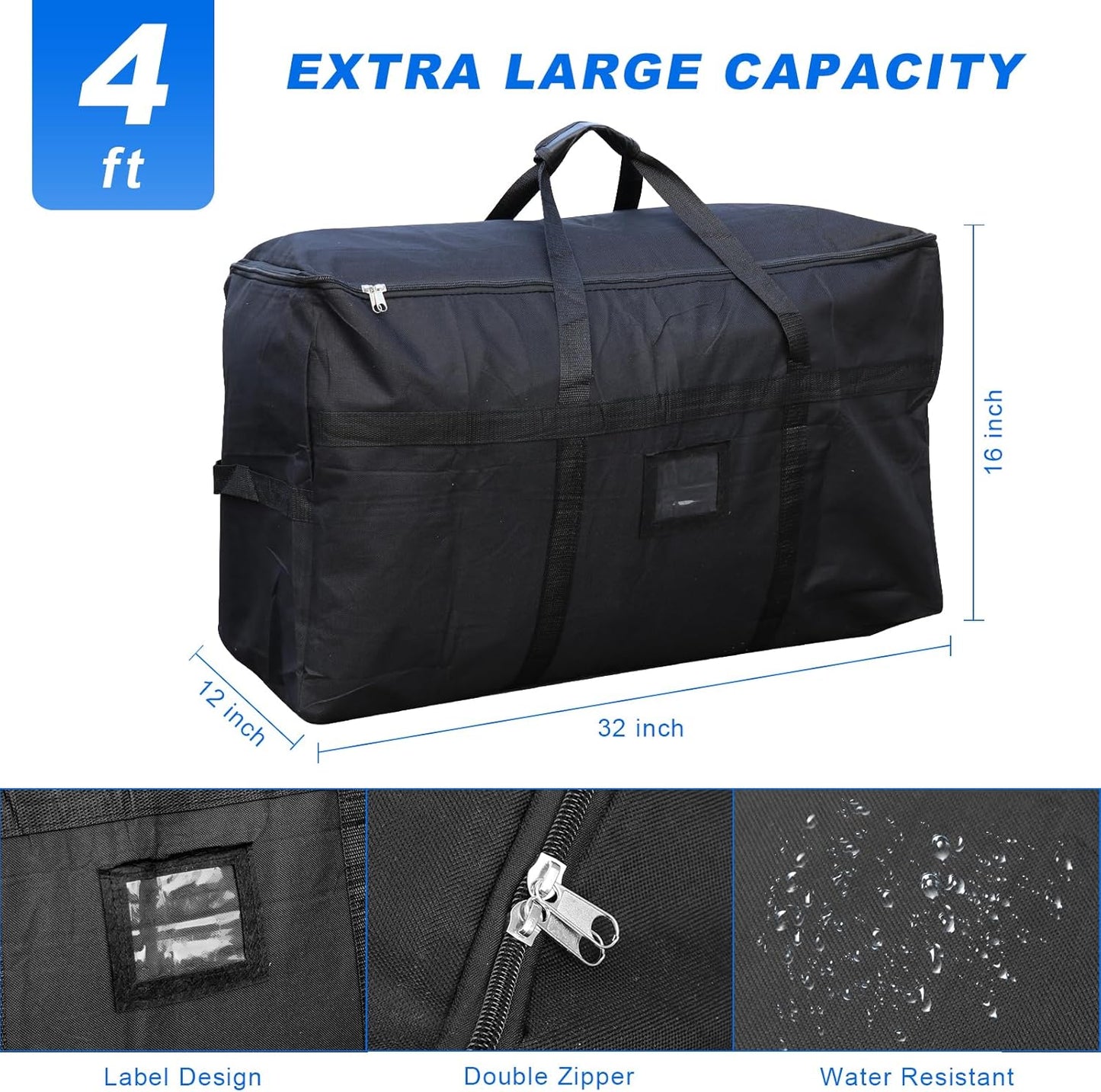 Skiennix Large Moving Bags - 4 FT Christmas Tree Storage Bag with Strong Zipper & Comfortable Handles | Durable Black Totes for College Supplies