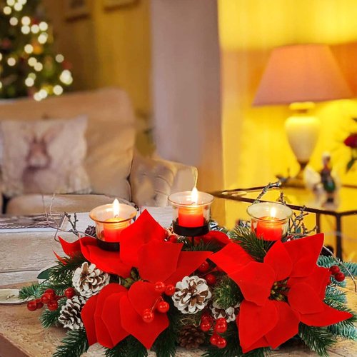 FORUP Christmas Centerpiece - Elegant Poinsettia Tabletop Decor with 3 Candle Holders for Home Parties