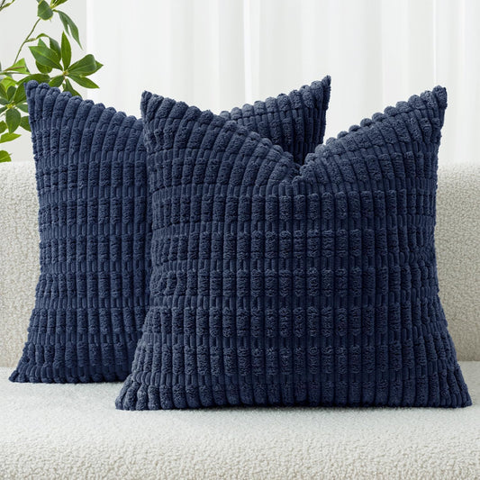 MIULEE Corduroy Throw Pillow Covers - Soft Boho Striped Design | 20x20 Inch Dark Blue for Modern Farmhouse Decor