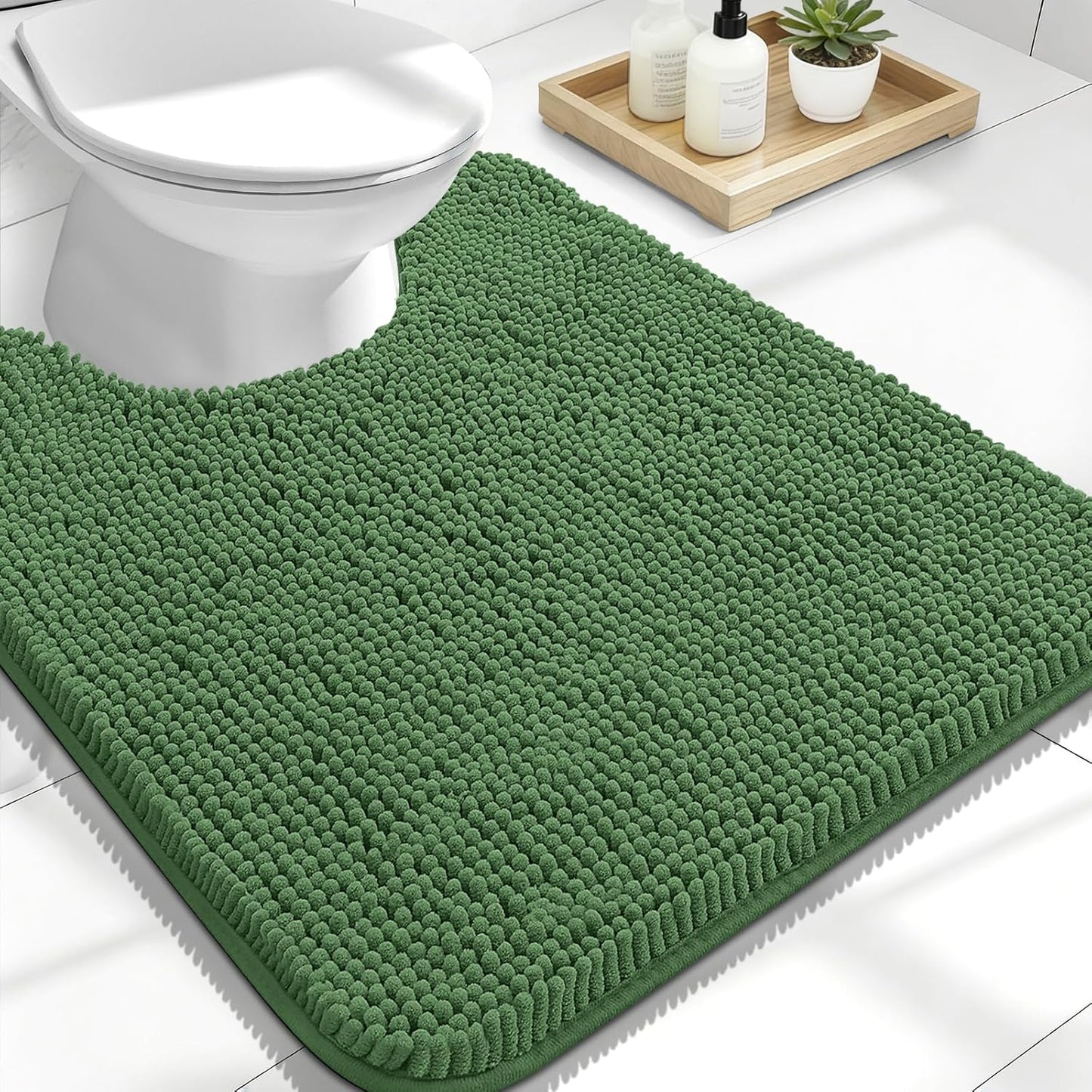 OLANLY U-Shaped Toilet Rugs - Extra Soft Absorbent Chenille Bath Mat | 24x20, Olive Green, Non-Slip