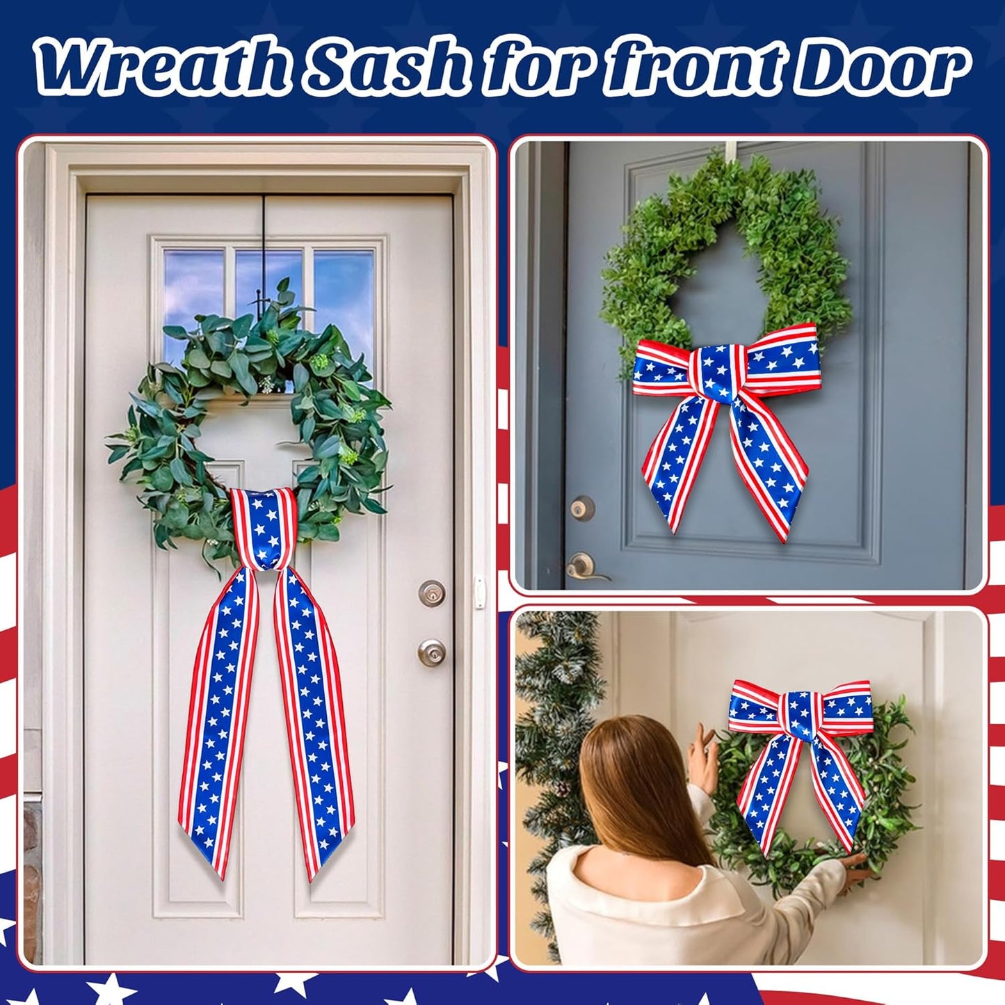 RunNico Patriotic Wreath Sash - 2 Pack Red, White & Blue Satin Decor for 4th of July | 53" L x 3.4" W