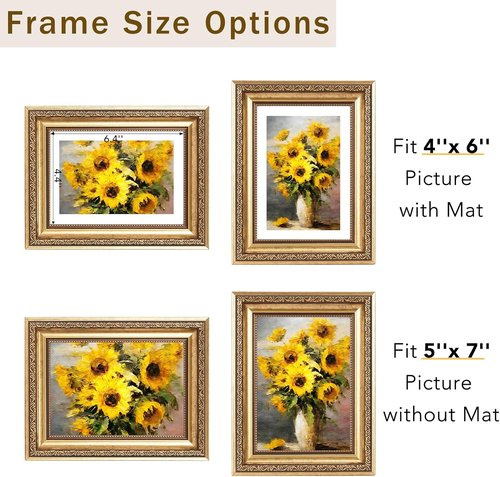 JCJMY Vintage Picture Frame - Elegant 5x7 Photo Frame with Shatter-Resistant Plexiglass | Gold Finish, 1 Pack