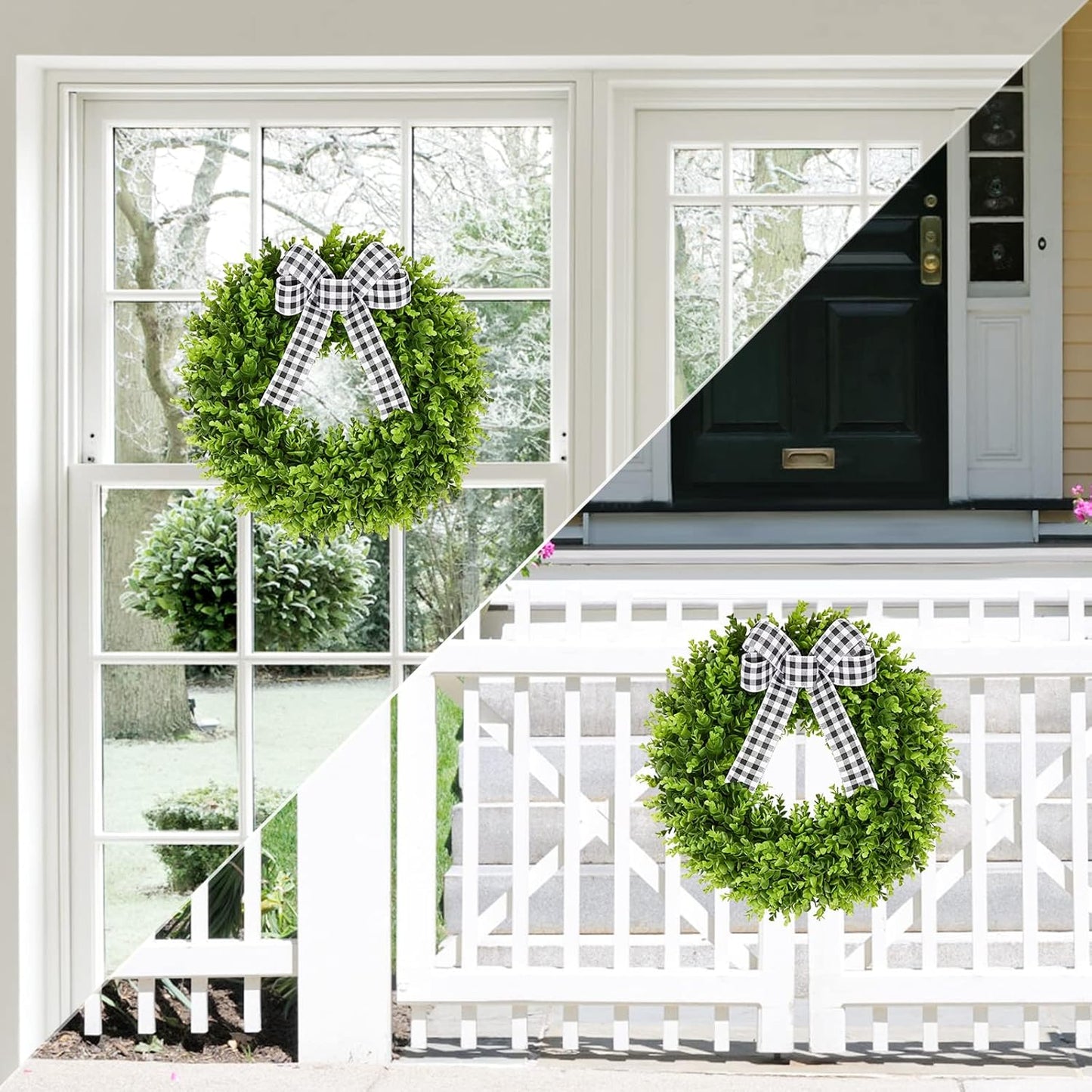 Vlorart 20" Faux Boxwood Wreath - Large Artificial Greenery with Plaid Bow for Door & Wedding Decor