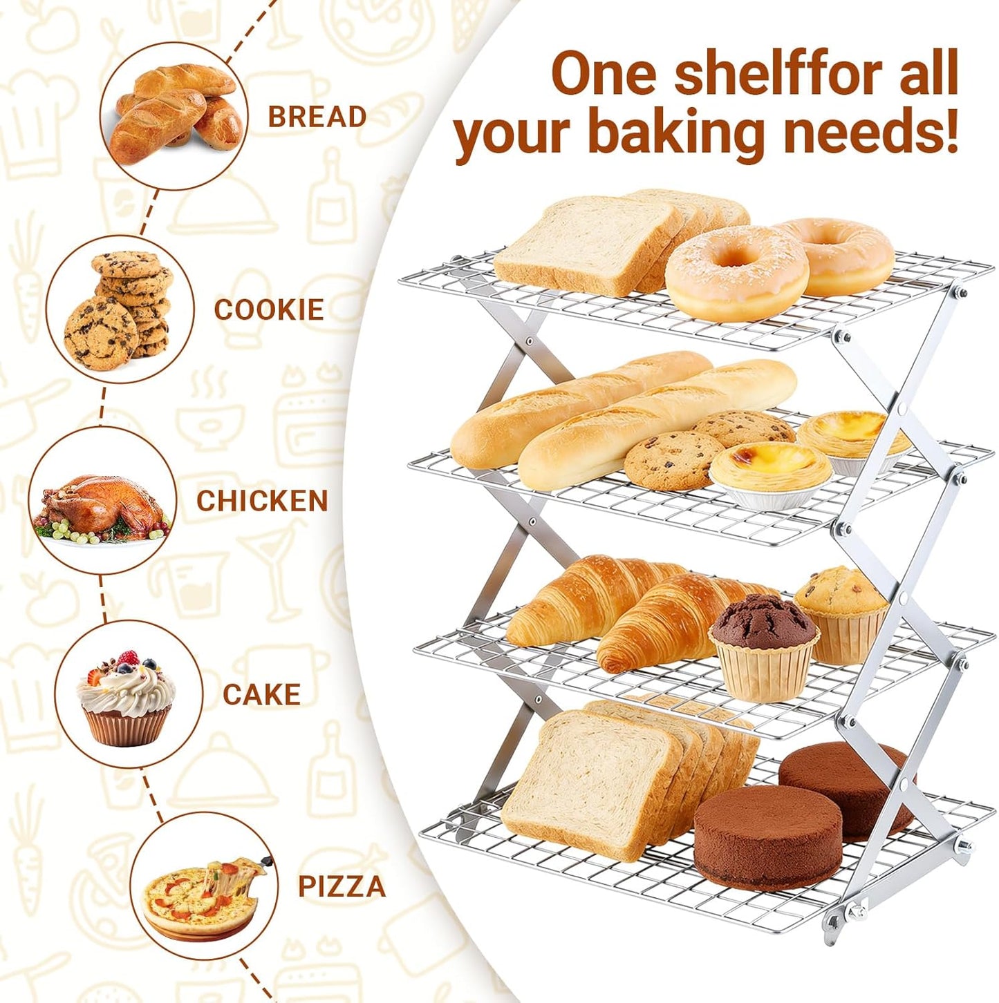 4 Tier Collapsible Cooling Rack - Adjustable Stainless Steel Baking Rack with Leak-Proof Mesh | Perfect for Cooking, Baking & Grilling