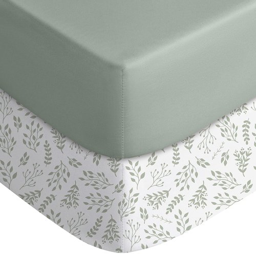 Yoofoss Pack and Play Sheets Fitted, Mini Crib Sheets 2-Pack for Pack N Play Mattress, Stretchy Playard Sheet, Soft and Breathable Green + Leaf