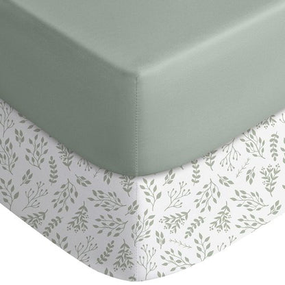 Yoofoss Pack and Play Sheets Fitted, Mini Crib Sheets 2-Pack for Pack N Play Mattress, Stretchy Playard Sheet, Soft and Breathable Green + Leaf