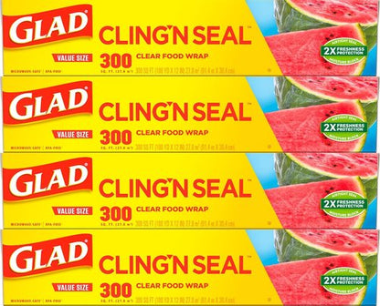 Glad Cling N Seal Plastic Wrap - Airtight Food Storage Solution | 300 Sq Ft Roll (Pack of 4)