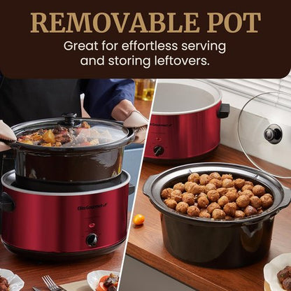 Elite Gourmet MST-900RXT Electric Ceramic Slow Cooker - 8.5Qt, Adjustable Temp, Dishwasher Safe, Metallic Red