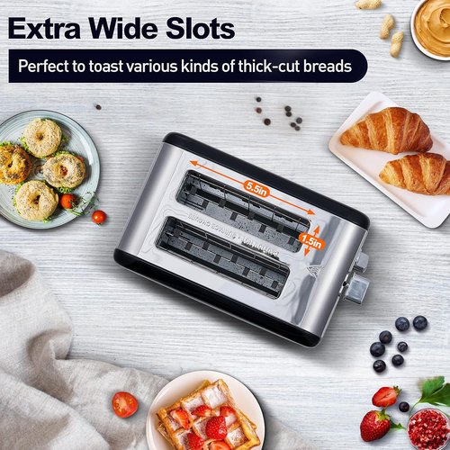CUSIMAX 2-Slice Stainless Steel Toaster - Extra-Wide 1.5'' Slots, LED Display & 6 Browning Settings | Black