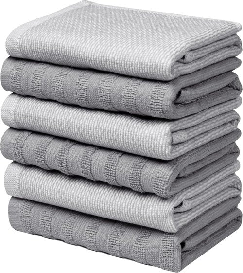 Bumble Premium Dish Cloths - Highly Absorbent 100% Natural Cotton | 13"x13" | 6 Pack - Soft Grey Terry Set