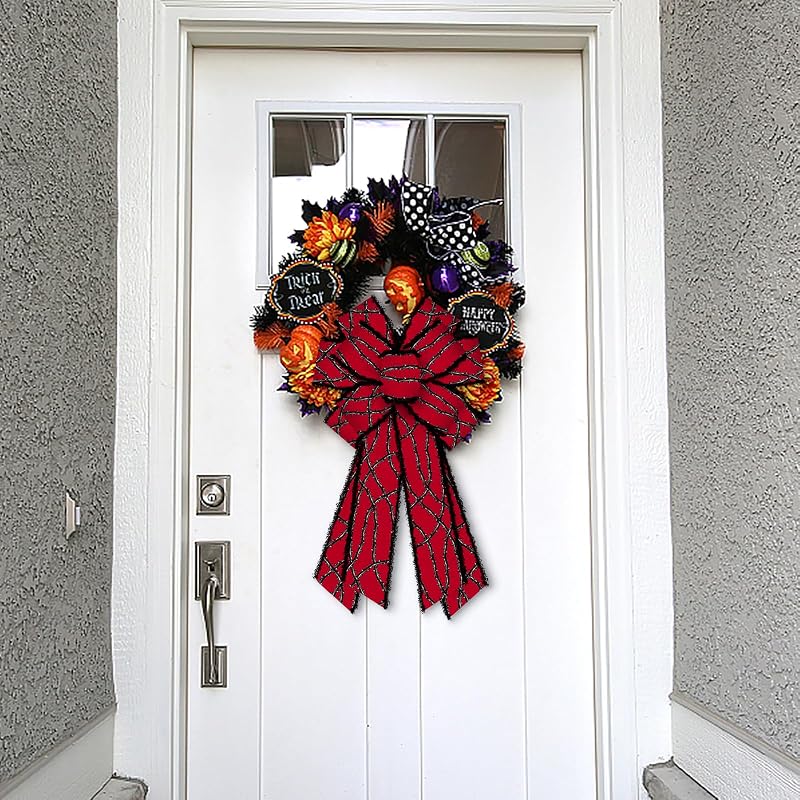 Red Halloween Wreath Bow with Velvet Finish - Large Decorative Thanksgiving & Door Decor