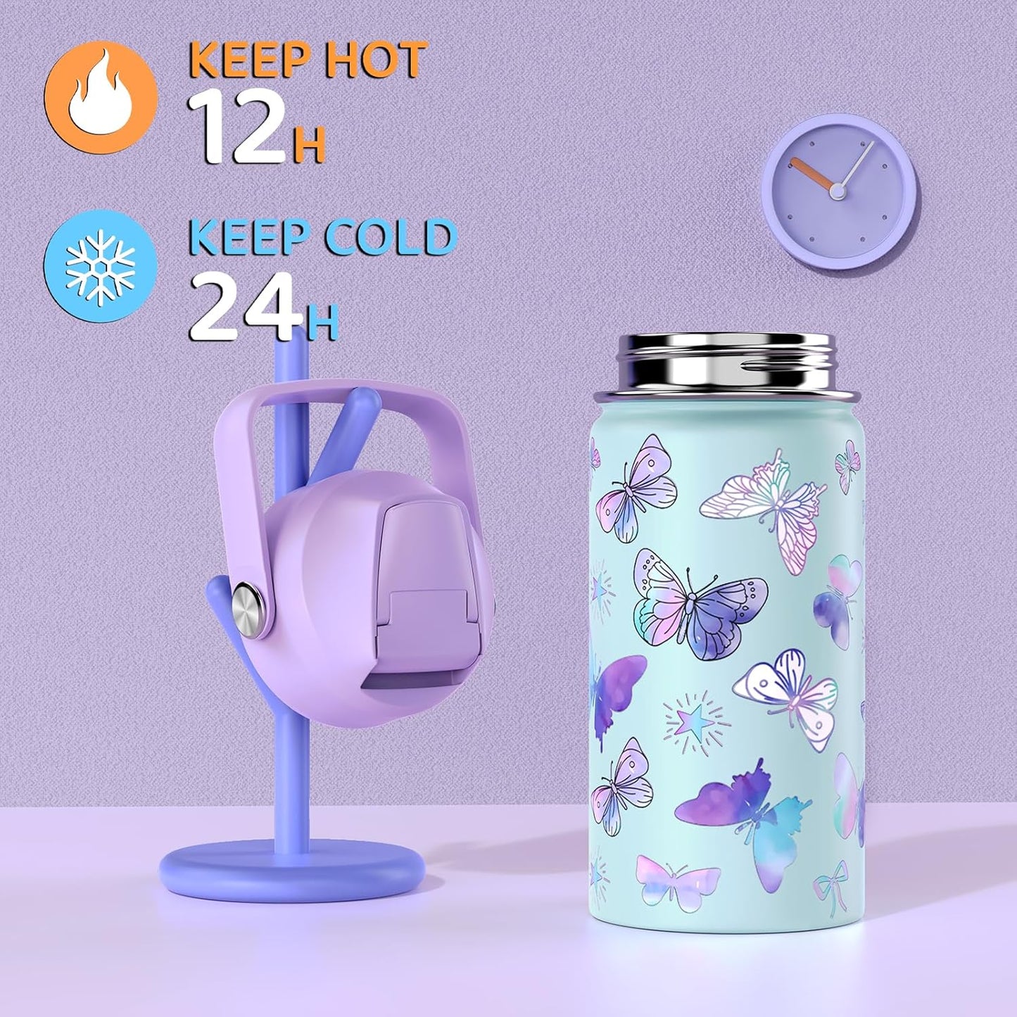 Skiennix 14oz Kids Insulated Water Bottle - Leak-Proof Stainless Steel Tumbler with Straw Lid (Butterfly)