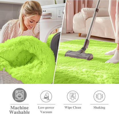 OLANLY Lime Green Round Rug - Soft, Fluffy Shaggy Carpet | 5 ft Machine Washable Area Rug for Bedroom & Living Room Decor