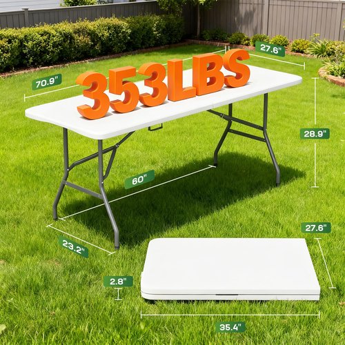 FDW 6 Foot Folding Table, Portable Plastic Table with Carrying Handle Perfect for Indoor, Outdoor, Party, Dining, Wedding, Events, Camping, White