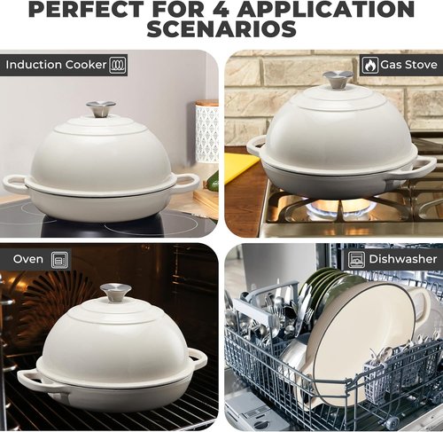 Cast Iron Dutch Oven | 6Qt Sourdough Bread Baking Pan with Lid - Enameled, Oven Safe to 482℉, White