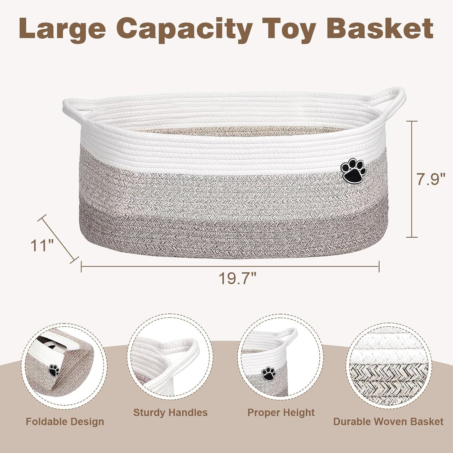 Optish Dog Toy Basket - Large Woven Rope Storage Bin for Dogs & Cats | 19.7" x 11" x 7.9" - White & Brown