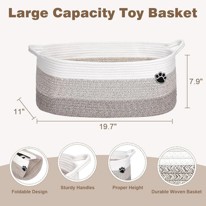 Optish Dog Toy Basket - Large Woven Rope Storage Bin for Dogs & Cats | 19.7" x 11" x 7.9" - White & Brown