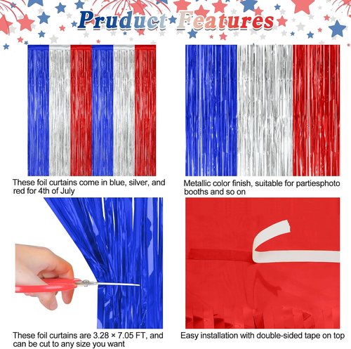 4th of July Decorations by [Brand Name] - 2 Pack Tinsel Backdrop | Red, Silver, Blue Fringe Curtains - 3.28 FT x 7.05 FT