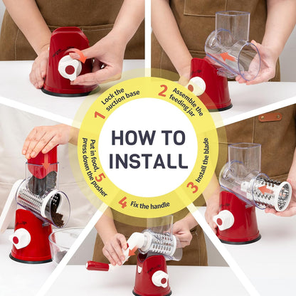 Rotary Cheese Grater - Hand Crank Slicer & Shredder with 3 Blades | Multi-Functional Kitchen Tool in Red
