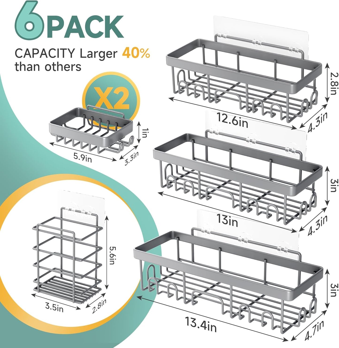 Veken Shower Caddy - 6-Pack Rustproof & Waterproof Adhesive Shelves | Large Capacity Bathroom Organizers - Light Grey