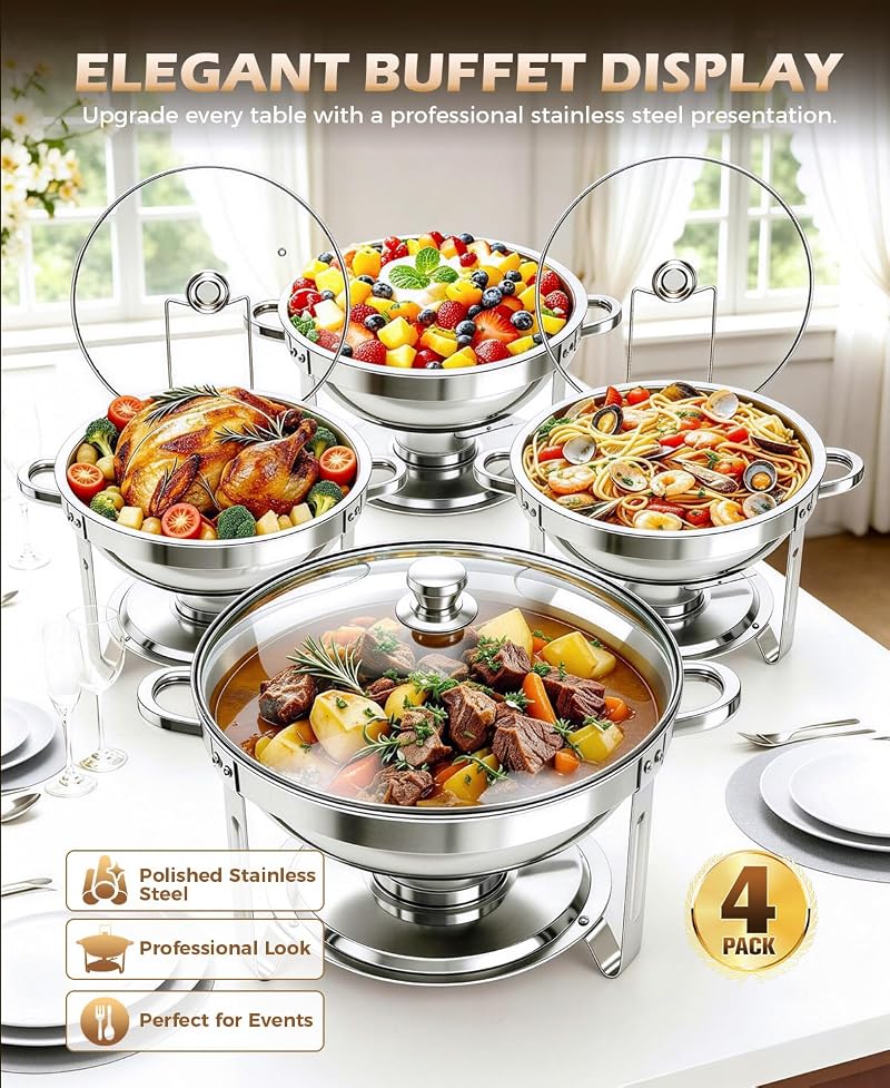 4 Pack 5Qt Round Stainless Steel Chafing Dishes Buffet Warmer Set - Food Warmers for Parties, Home & Catering