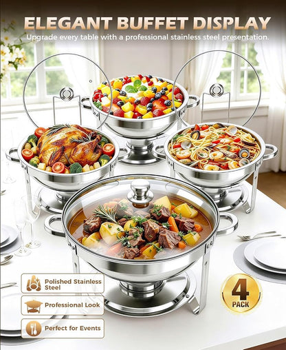 4 Pack 5Qt Round Stainless Steel Chafing Dishes Buffet Warmer Set - Food Warmers for Parties, Home & Catering