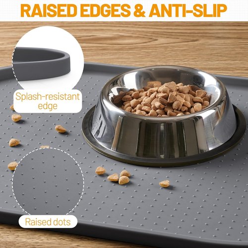 Hubulk 100% Waterproof Silicone Pet Feeding Mat - Raised Edge for Food & Water | Gray, 19" L x 12" W