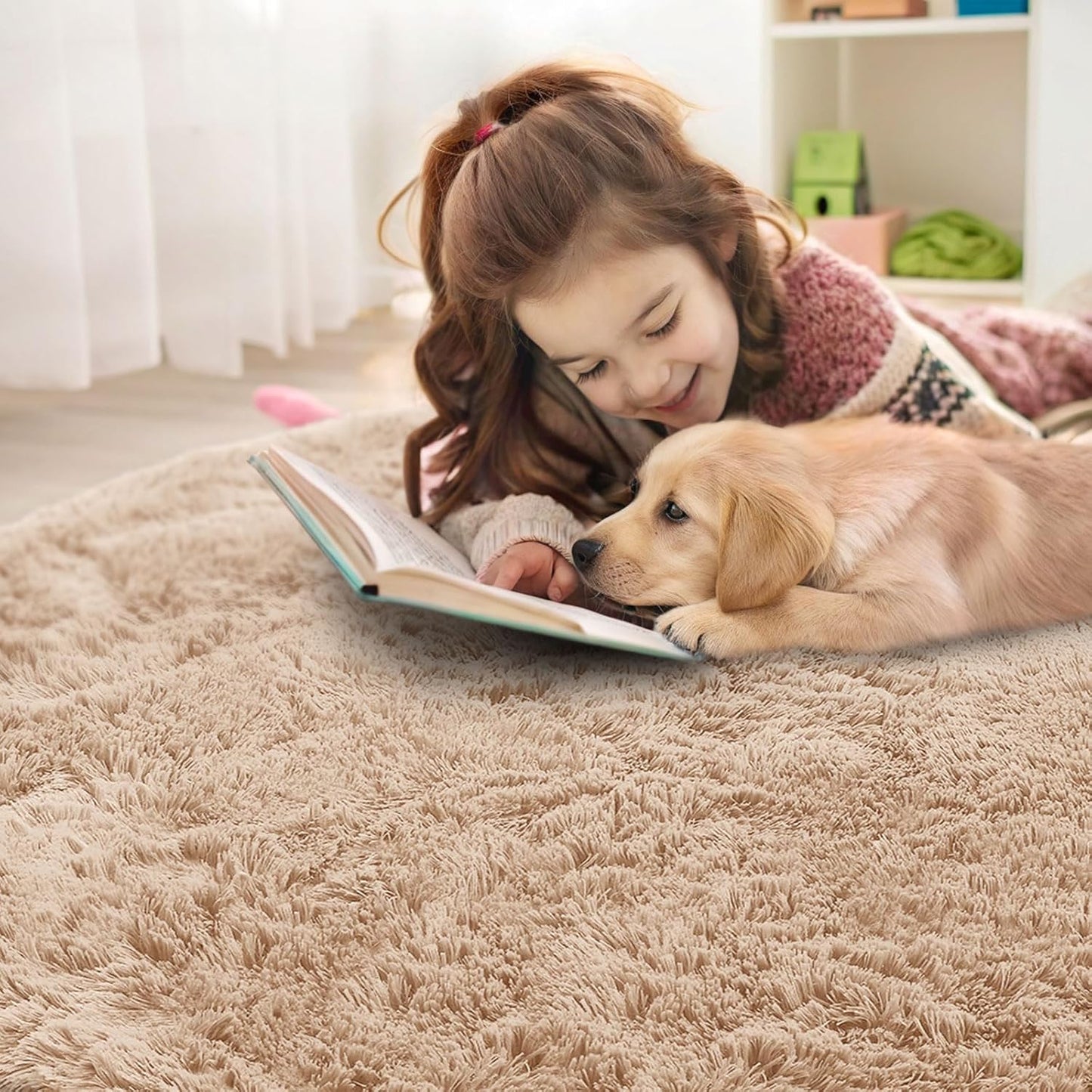 OLANLY Round Beige Area Rug - Soft, Machine Washable 8 ft Shaggy Carpet for Bedroom & Living Room Decor