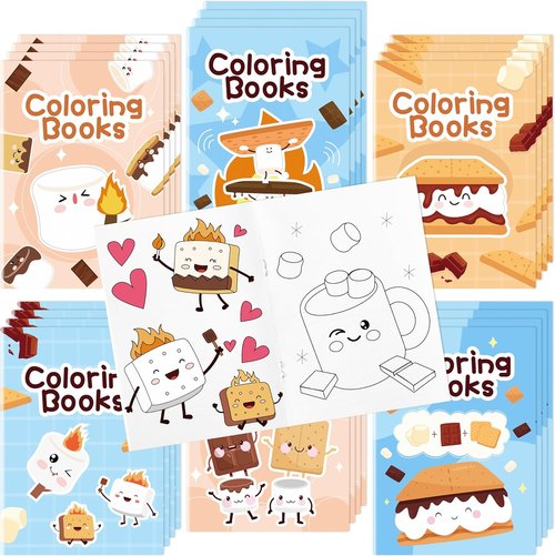 Marshmallow Mini Coloring Books - 24Pcs Camping-Themed Art Set for Kids' Birthday Party Favors