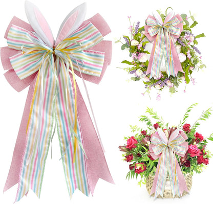 Skiennix Large Easter Pink Burlap Bow - 11.5" x 20" with Bunny Ears for Wreaths & Gift Baskets