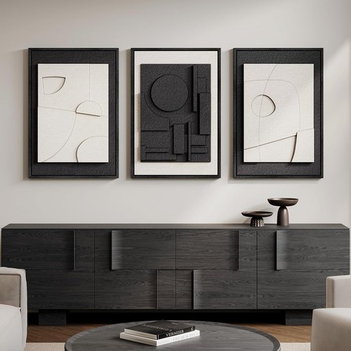 Large 3D Textured Framed Black and White Abstract Wall Art | Modern Minimalist 3-Piece Set for Living Room