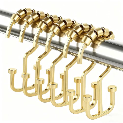 BBV Shower Curtain Hooks Rings, 12 Pcs Rust Resistant Metal Double Glide Shower Hooks for Bathroom Shower Rods Curtains (Gold)