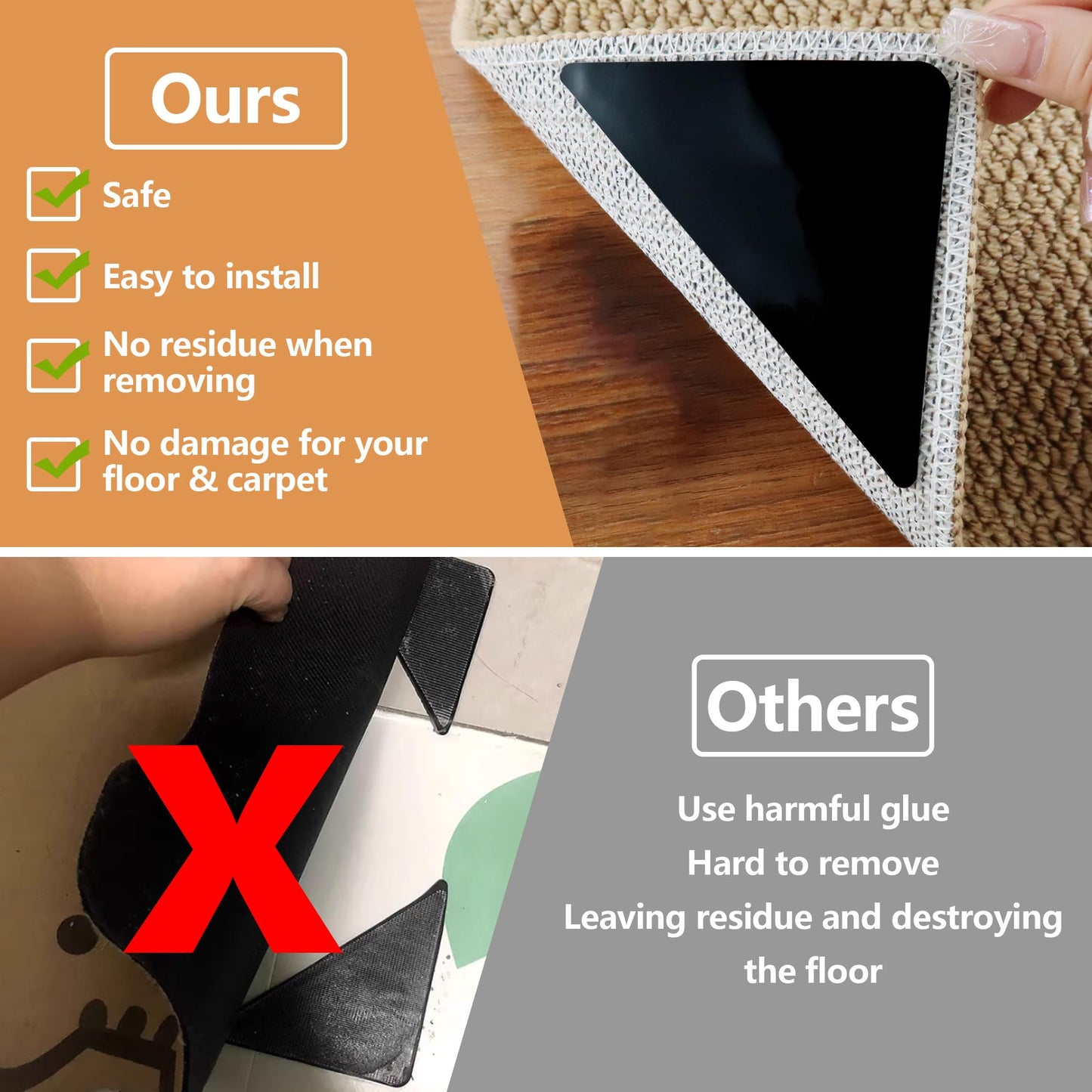Rug Tape Grippers for Hardwood Floors, 8 Pcs Non Slip Double Sided Rug Pads – Reusable Washable Carpet Grippers, No Residue Removable Corner Holders for Area Rugs, Tile, Laminate, Vinyl, Marble