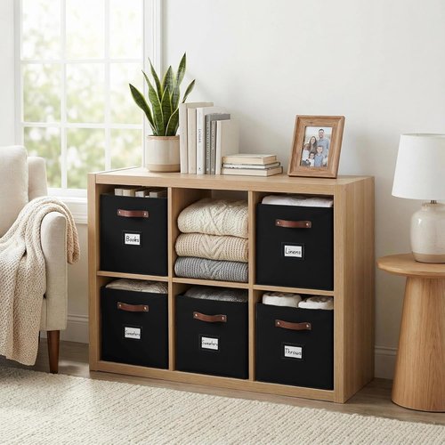 DECOMOMO Storage Bins - Fabric Cube Storage Bins with Labels for Shelves | 10.5" x 11" | Black (6pcs)