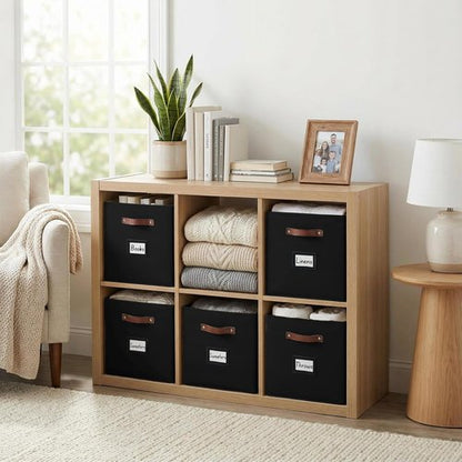 DECOMOMO Storage Bins - Fabric Cube Storage Bins with Labels for Shelves | 10.5" x 11" | Black (6pcs)