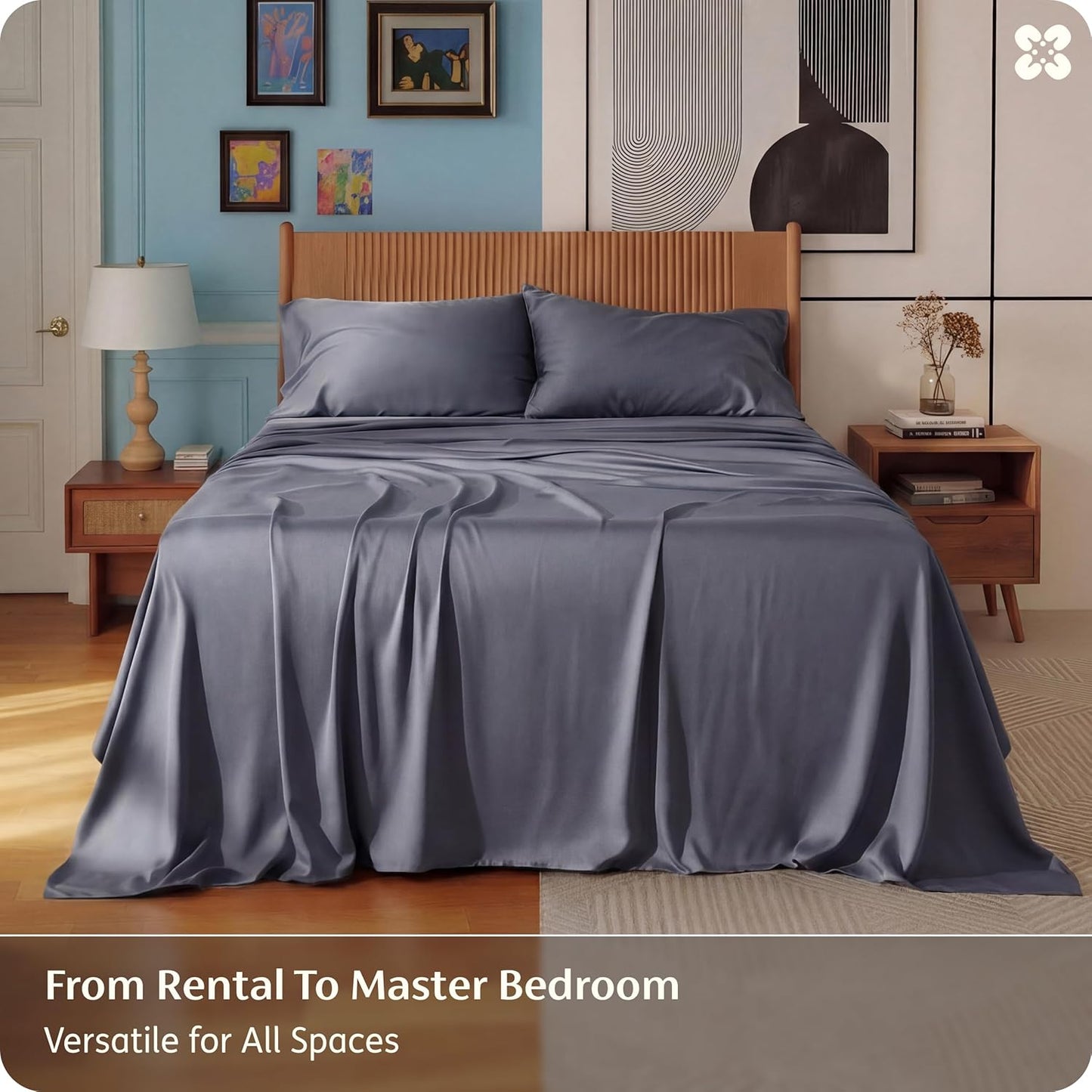 Bedsure Queen Sheet Set - Cooling Bamboo Rayon Sheets | Breathable, Soft & Deep Pocket Up to 16" - Dark Grey
